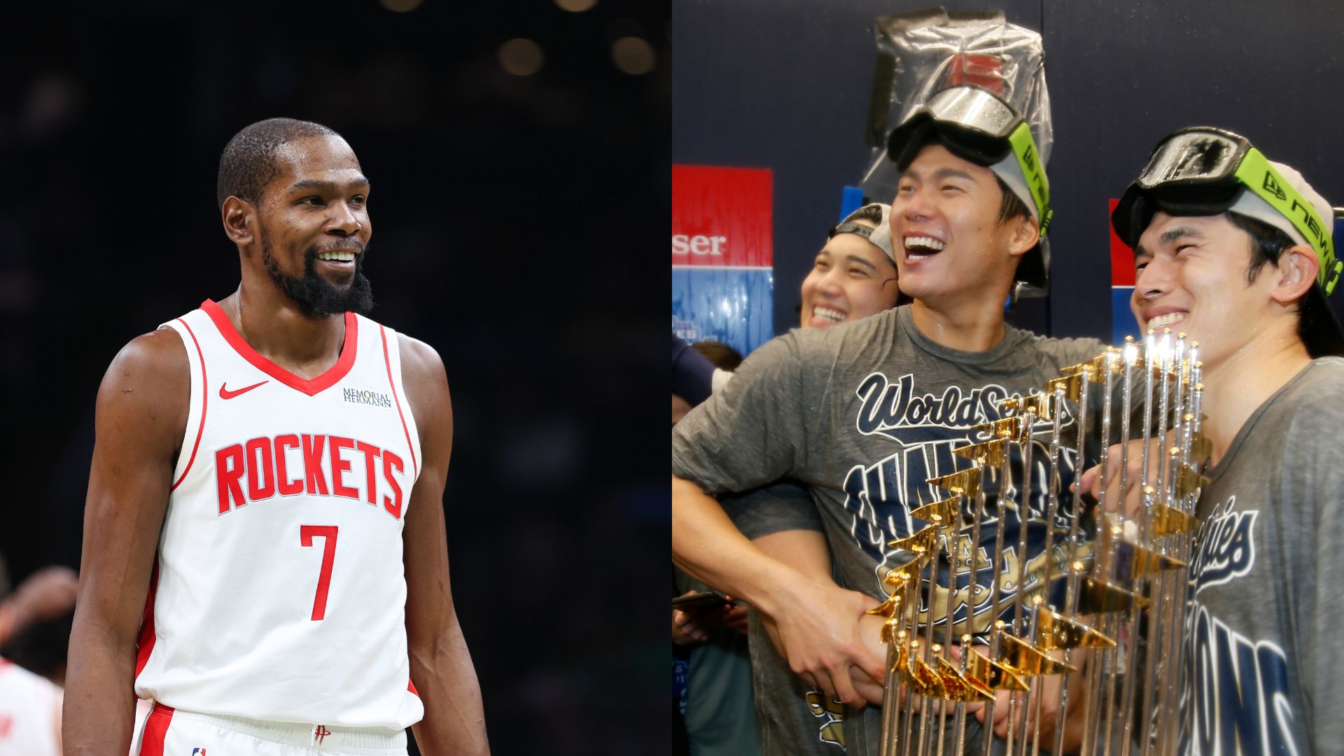 Kevin Durant (L) and Los Angeles Dodgers players celebrating their World Series Win (R)