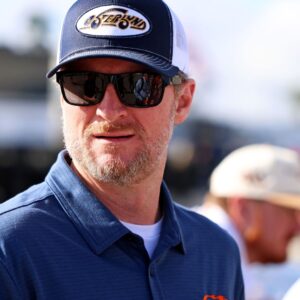 Feb 12, 2025; Daytona Beach, Florida, USA; NASCAR team owner Dale Earnhardt Jr. looks on during practice for the Daytona 500 at Daytona International Speedway