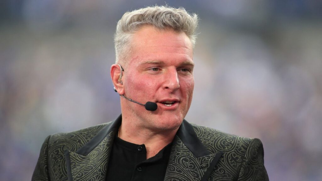 ESPN analyst Pat McAfee broadcasts live from the sidelines of Acrisure Stadium in Pittsburgh, PA prior to the start of the Pittsburgh Panthers vs Notre Dame Fighting Irish game on November 15, 2025