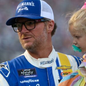 Sep 15, 2023; Bristol, Tennessee, USA; NASCAR Xfinity Series driver Dale Earnhardt Jr. (88) and his daughter Nicole before the race at Bristol Motor Speedway.