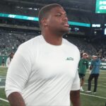 East Rutherford, NJ -- August 22, 2025 -- Quinnen Williams of the Jets at the end of the game. The Philadelphia Eagles came to MetLife Stadium and defeated the NY Jets 19-17 in the final preseason season game. Cowboys DT Quinnen Williams