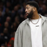 Nov 8, 2025; Washington, District of Columbia, USA; Injured Dallas Mavericks forward Anthony Davis looks on from the bench during a timeout against the Washington Wizards in the second half at Capital One Arena