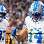 Detroit Lions wide receiver Amon-Ra St. Brown (14) celebrates a touchdown against Washington Commanders during the first half at Northwest Stadium in Landover, Md. on Sunday, November 9, 2025.