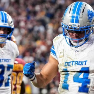 Detroit Lions wide receiver Amon-Ra St. Brown (14) celebrates a touchdown against Washington Commanders during the first half at Northwest Stadium in Landover, Md. on Sunday, November 9, 2025.