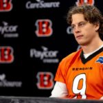 Cincinnati Bengals quarterback Joe Burrow speaks at a press conference at Paycor Stadium in Cincinnati on Nov. 25, 2025.