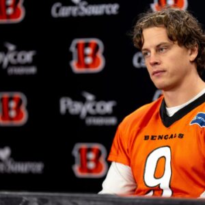 Cincinnati Bengals quarterback Joe Burrow speaks at a press conference at Paycor Stadium in Cincinnati on Nov. 25, 2025.