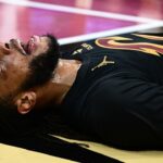 Cleveland Cavaliers guard Darius Garland (10) reacts after a play during the first half against the Indiana Pacers at Rocket Arena.