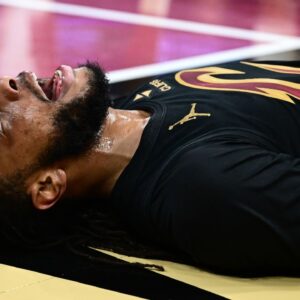 Cleveland Cavaliers guard Darius Garland (10) reacts after a play during the first half against the Indiana Pacers at Rocket Arena.