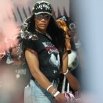 Las Vegas Aces center A'Ja Wilson (22) is introduced during the Aces 2025 WNBA Championship celebration at Toshiba Plaza