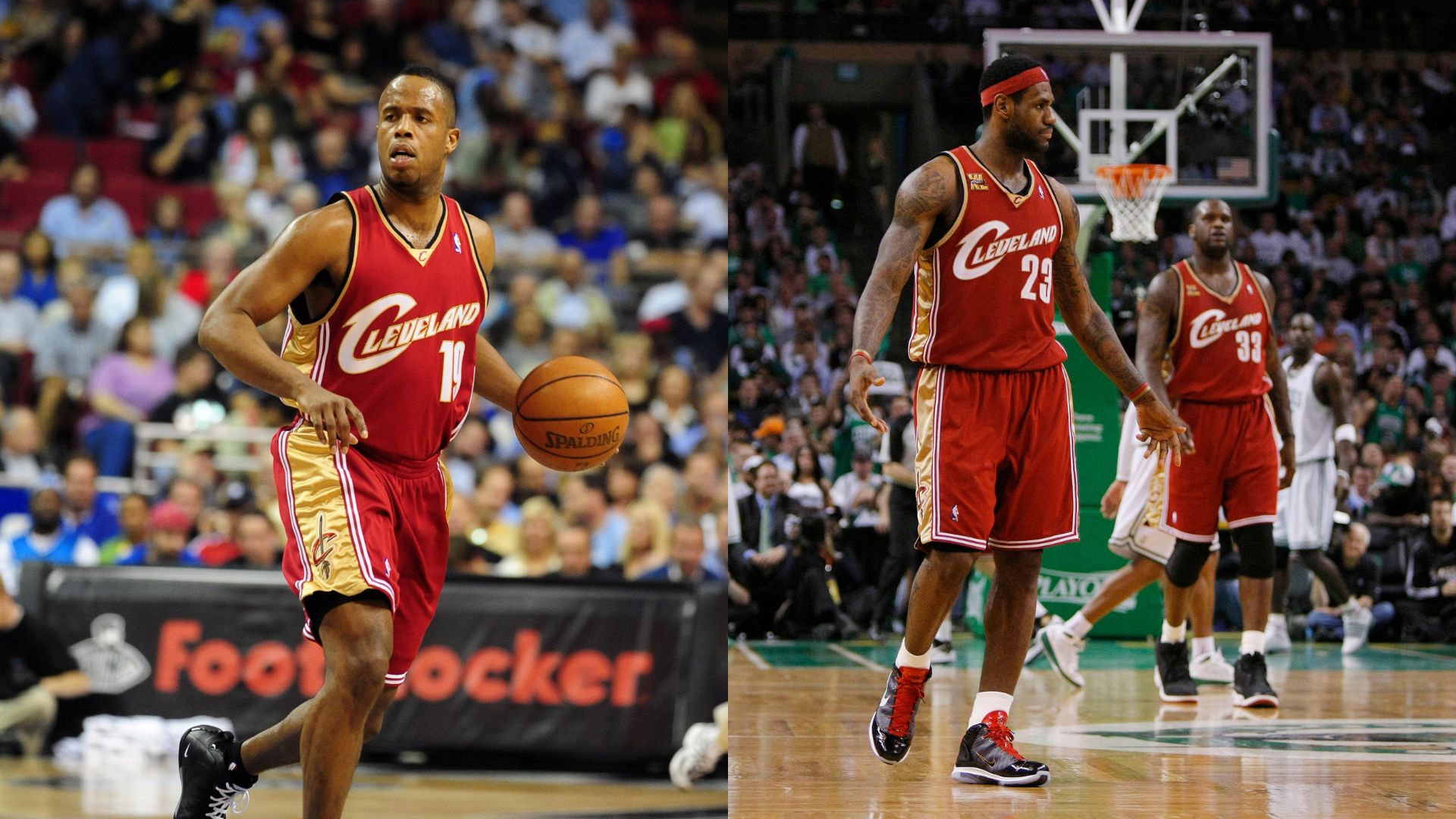 May 13, 2010; Boston, MA, USA; Cleveland Cavaliers forward LeBron James (23) and center Shaquille O'Neal (33) react after a play during the second half in game six of the eastern conference semifinals in the 2010 NBA playoffs against the Boston Celtics at TD Garden