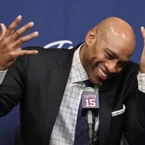 Former NBA star Vince Carter speaks at a jersey retirement press conference before a game between the Brooklyn Nets and the Miami Heat at Barclays Center.