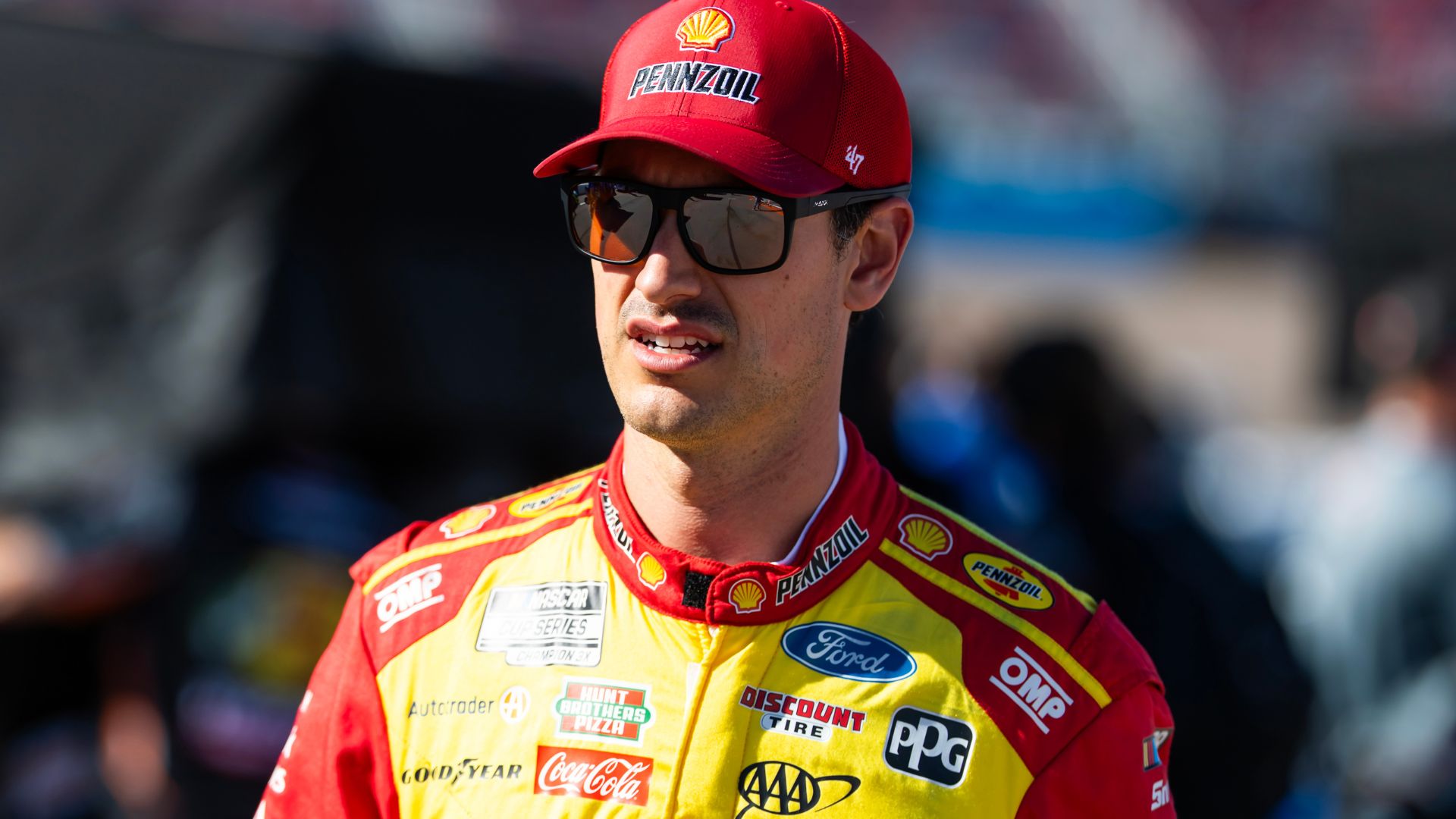 Nov 1, 2025; Avondale, Arizona, USA; NASCAR Cup Series driver Joey Logano (22) during qualifying for the NASCAR Championship race at Phoenix Raceway.