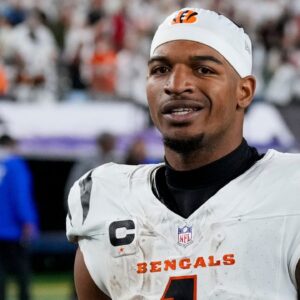 Cincinnati Bengals wide receiver Ja’Marr Chase (1) walks for the locker room after the NFL Week 7 game between the Cincinnati Bengals and the Pittsburgh Steelers at Paycor Stadium in downtown Cincinnati on Thursday, Oct. 16, 2025. The Bengals won, 33-31.
