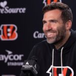 Bengals quarterback Joe Flacco smiles during a press conference at Paycor Stadium in Cincinnati on Oct. 14, 2025.