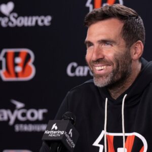 Bengals quarterback Joe Flacco smiles during a press conference at Paycor Stadium in Cincinnati on Oct. 14, 2025.