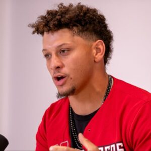 Texas Tech alum and Kansas City Chiefs quarterback Patrick Mahomes attends a press conference at Jones AT&T Stadium, Friday, Aug. 23, 2024.