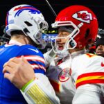 Kansas City Chiefs quarterback Patrick Mahomes (15) greets Buffalo Bills quarterback Josh Allen (17) following the 2024 AFC divisional round game at Highmark Stadium.