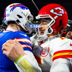 Kansas City Chiefs quarterback Patrick Mahomes (15) greets Buffalo Bills quarterback Josh Allen (17) following the 2024 AFC divisional round game at Highmark Stadium.
