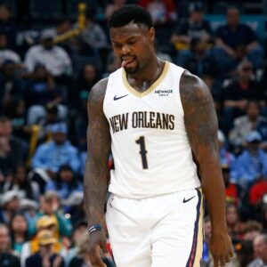 Oct 22, 2025; Memphis, Tennessee, USA; New Orleans Pelicans forward Zion Williamson (1) reacts during the first quarter against the Memphis Grizzlies at FedExForum