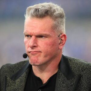 ESPN analyst Pat McAfee broadcasts live from the sidelines of Acrisure Stadium in Pittsburgh, PA prior to the start of the Pittsburgh Panthers vs Notre Dame Fighting Irish game on November 15, 2025.