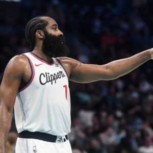 Nov 22, 2025; Charlotte, North Carolina, USA; Los Angeles Clippers guard James Harden (1) signals to his teammates during the second half against the Charlotte Hornets at the Spectrum Center