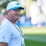 Jon Gruden watches practice during training camp at Meijer Performance Center in Allen Park on Monday, July 28, 2025.