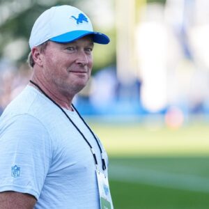 Jon Gruden watches practice during training camp at Meijer Performance Center in Allen Park on Monday, July 28, 2025.