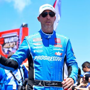May 4, 2025; Fort Worth, Texas, USA; NASCAR Cup Series driver Denny Hamlin (11) is introduced before the start of the Wurth 400 race at Texas Motor Speedway.