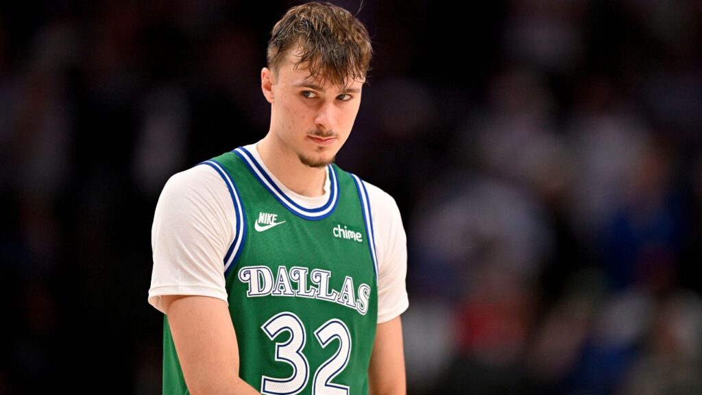 Dallas Mavericks forward Cooper Flagg (32) looks on during the second half against the Oklahoma City Thunder at the American Airlines Center.