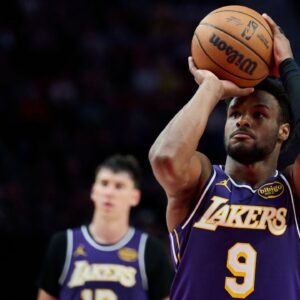 Nov 3, 2025; Portland, Oregon, USA; Los Angeles Lakers guard Bronny James (9) shoots a foul shot during the second half against the Portland Trail Blazers at Moda Center.
