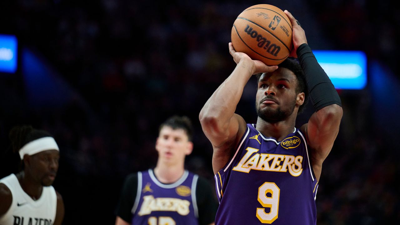 Nov 3, 2025; Portland, Oregon, USA; Los Angeles Lakers guard Bronny James (9) shoots a foul shot during the second half against the Portland Trail Blazers at Moda Center.