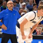 Dallas Mavericks Head Coach Jason Kidd watches forward Cooper Flagg (32) on the court during the second quarter against the Oklahoma City Thunder at Dickie's Arena.