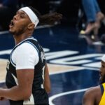 Nov 3, 2025; Indianapolis, Indiana, USA; Milwaukee Bucks center/forward Myles Turner (3) celebrates a basket in the first half against the Indiana Pacers at Gainbridge Fieldhouse.