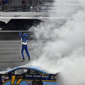 Jul 1, 2017; Daytona Beach, FL, USA; NASCAR Cup Series driver Ricky Stenhouse Jr. (17) celebrates winning the Coke Zero 400 Powered by Coca-Cola at Daytona International Speedway.