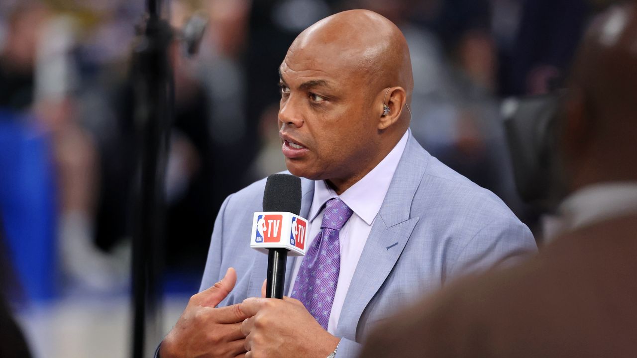 NBA TV analyst Charles Barkley talks on set before game three of the 2024 NBA Finals between the Boston Celtics and the Dallas Mavericks at American Airlines Center.