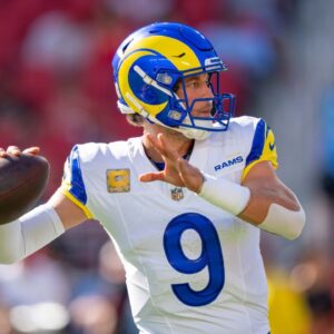 Los Angeles Rams quarterback Matthew Stafford (9) warms up before the game against the San Francisco 49ers at Levi's Stadium.