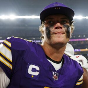Minnesota Vikings quarterback J.J. McCarthy (9) reacts after the game against the Atlanta Falcons at U.S. Bank Stadium.