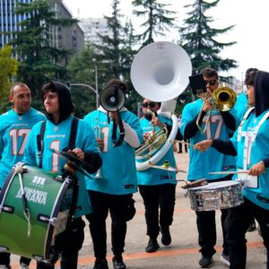 Miami Dolphins fans before the 2025 NFL Madrid Game against the Washington Commanders at Santiago Bernabeu Stadium.