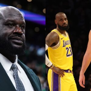 Shaquille O'Neal(L), LeBron James and Luka Doncic(R)