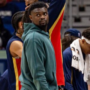 New Orleans Pelicans forward Zion Williamson (1) looks on against the Oklahoma City Thunder during the second half at Smoothie King Center.