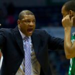Boston Celtics head coach Doc Rivers gestures to guard Rajon Rondo during the second quarter against the Milwaukee Bucks at the Bradley Center