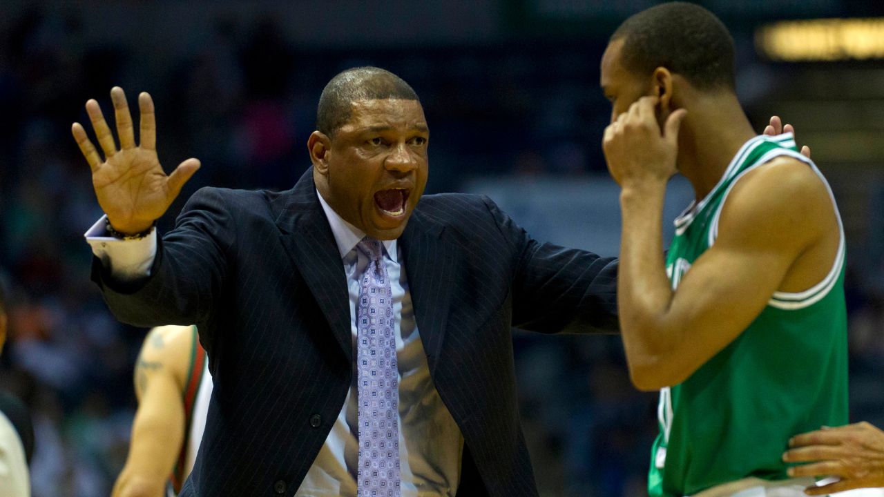 Boston Celtics head coach Doc Rivers gestures to guard Rajon Rondo during the second quarter against the Milwaukee Bucks at the Bradley Center
