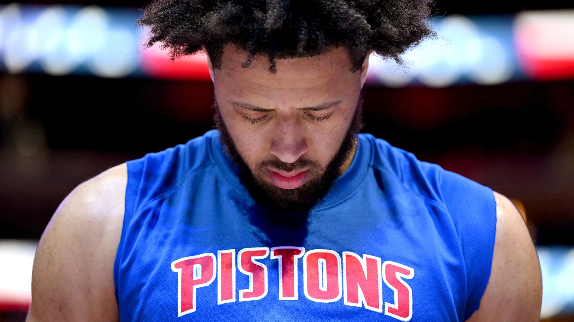 Nov 5, 2025; Detroit, Michigan, USA; Detroit Pistons guard Cade Cunningham (2) stands at attention during the National Anthem before their game against the Utah Jazz at Little Caesars Arena.