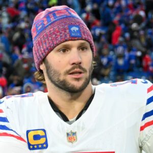 Buffalo Bills quarterback Josh Allen (17) after the game against the Tampa Bay Buccaneers at Highmark Stadium.