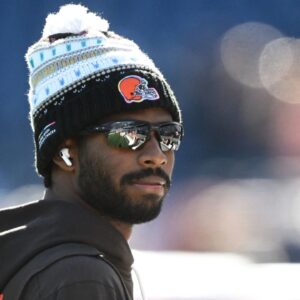 Cleveland Browns quarterback Shedeur Sanders (12) looks on during warm up prior to the game against the New England Patriots at Gillette Stadium.