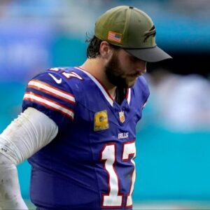 Buffalo Bills quarterback Josh Allen (17) reacts during the second half against the Miami Dolphins at Hard Rock Stadium.