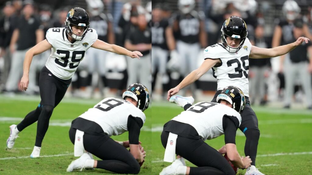 Cam Little kicking the ball vs. the Raiders