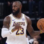 Nov 23, 2025; Salt Lake City, Utah, USA; Los Angeles Lakers forward LeBron James (23) looks for the play against the Utah Jazz during the second half at Delta Center