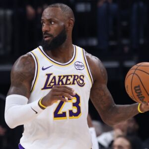 Nov 23, 2025; Salt Lake City, Utah, USA; Los Angeles Lakers forward LeBron James (23) looks for the play against the Utah Jazz during the second half at Delta Center