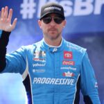 Apr 13, 2025; Bristol, Tennessee, USA; NASCAR Cup Series driver Denny Hamlin (11) during driver introductions for the NASCAR Food City 500 at Bristol Motor Speedway